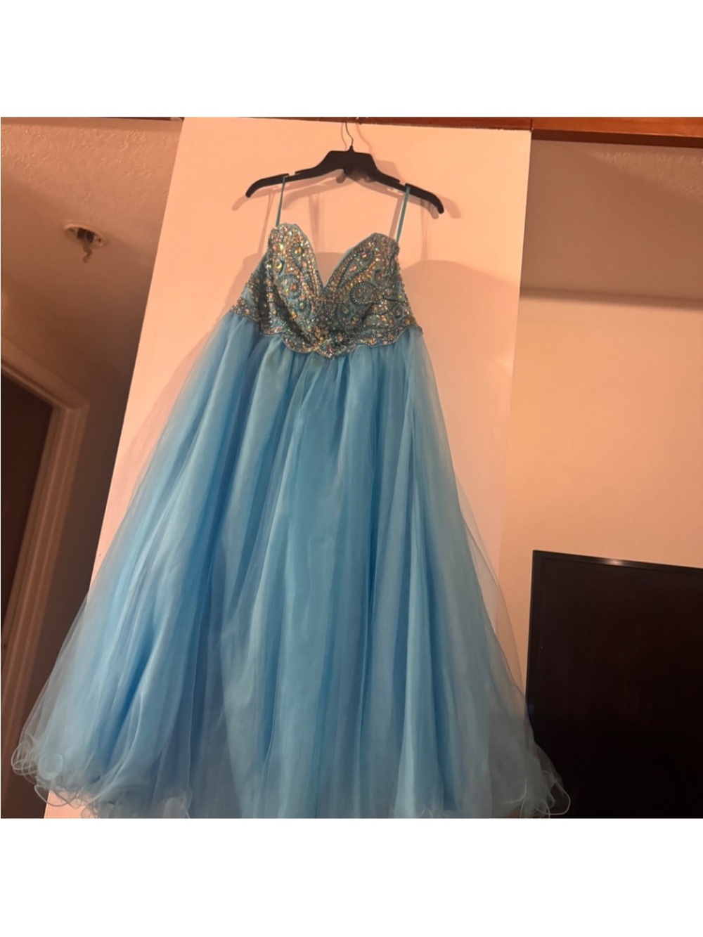 Dave & Johnny Light Blue Beaded Tulle Prom Dress